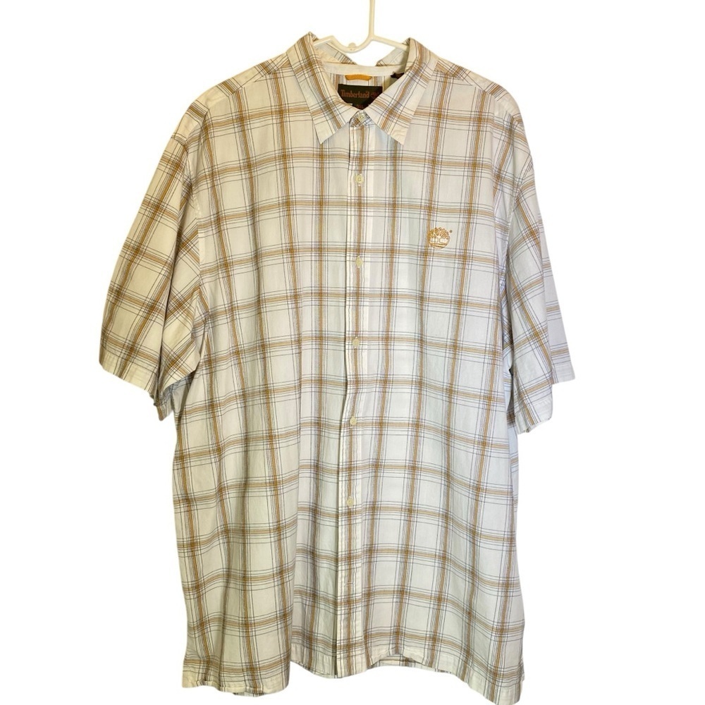 Timberland Big Men's size 3XL Cream Tan Plaid Cotton Casual Button Down Shirt